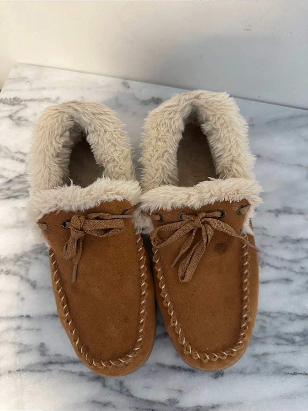 Orthofeet Cozy Faux Fur Lined Moccasin Slippers - Chestnut Brown